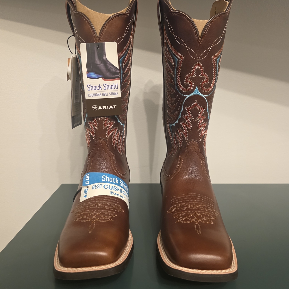 Ariat Brown Leather Cowboy Boots with Turquoise Stitching - Sz 10 Women's
